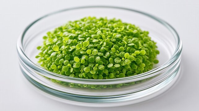 Fresh wolffia globosa in a glass petri dish for scientific research