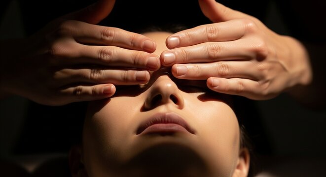 Therapist covering a woman's eyes during a relaxing spa treatment.