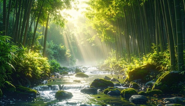 竹林小川霧光日本の自然和風背景