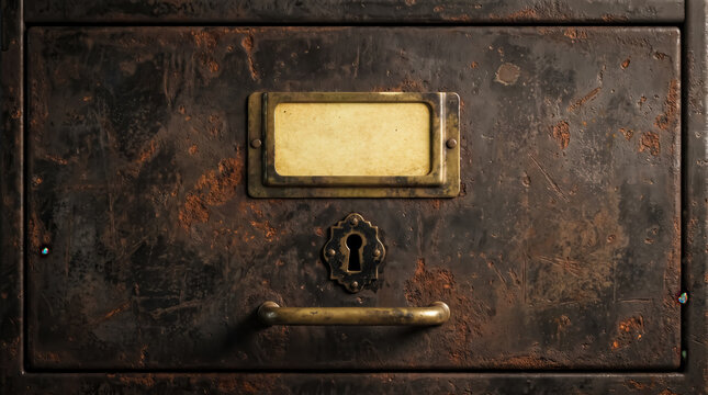 Close up of an old weathered metal filing cabinet drawer featuring a vintage brass label holder and keyhole