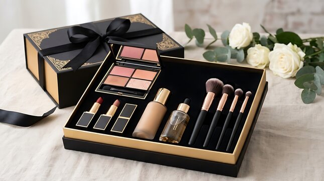 Luxury makeup set with eyeshadow palette lipstick brushes and foundation in a black gift box. high-end makeup sale