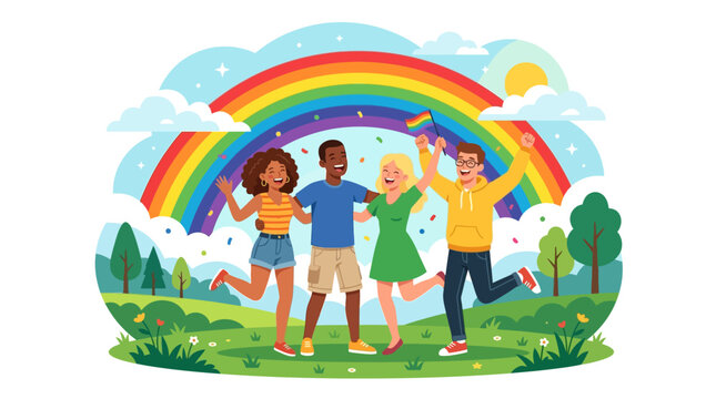 Diverse Friends Celebrating Pride with Rainbow Flag in Park