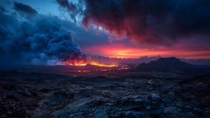 Fototapeta premium Dramatic volcanic eruption landscape at sunset with glowing lava.