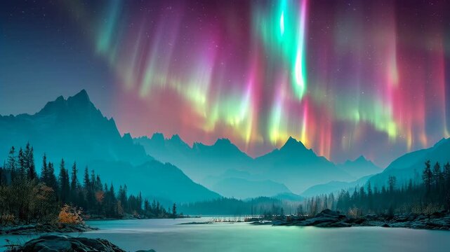 Cinematic AI fluid aurora borealis glowing over majestic mountain lake. Dreamcore neon polar lights landscape background with copy space for media production.