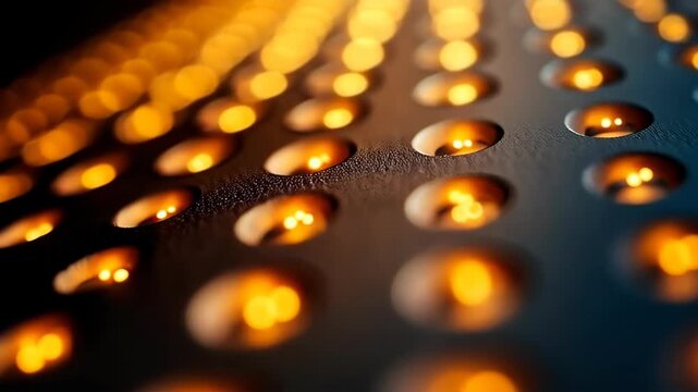 Abstract AI fluid bokeh of glowing golden LED lights in dark textured grid. High-tech Industry 4.0 motion background with copy space for digital design.