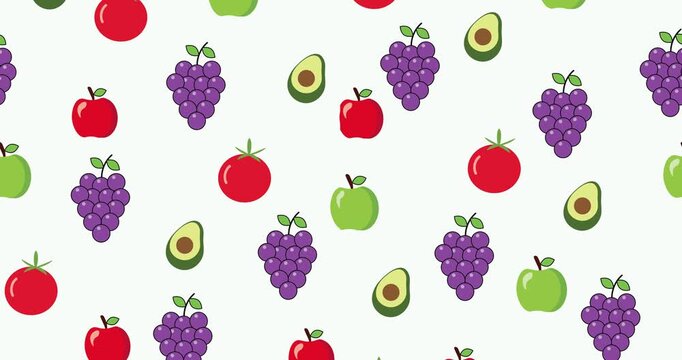 Colorful animated fruit and vegetable pattern with grapes apples avocados and tomatoes moving diagonally across a clean white background for healthy food concepts.