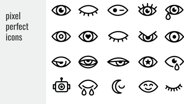 Set of pixel perfect eye icons representing various human emotions.