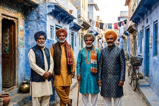 Four Local Men Dressed in Traditional Rajasthani Attire Including Colorful Turbins (Pagri), Traditional Indian Vests, and Tunics (Kurta) in an Alleyway in Blue City of Jodhpur, Rajasthan, India Travel