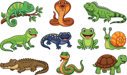 Fototapeta premium Cartoon Reptiles and Amphibians Vector Character Set Featuring Cute Chameleon, Snake, Iguana, Lizard, Frog, Crocodile, Turtle, Snail, and Salamander Illustrations