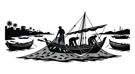 Fishing Scene Silhouette With Boats And Coastal Village © Akhi