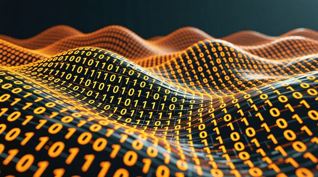 Flowing digital data waves made of binary code stream across screen. Abstract cybernetic network background for big data and tech concepts. Futuristic information flow simulation.