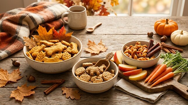 Healthy autumn dog treats in bowls with pumpkins and fresh carrots on a rustic wooden table. puppy snack ideas