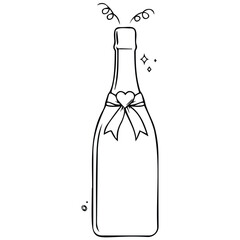 Bottle of champagne with decorative heart ribbon and party streamers vector line art style. © MDMONI