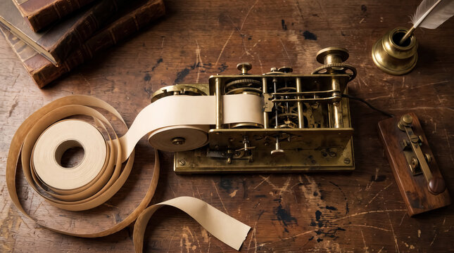Antique Brass Telegraph Machine With Paper Tape Roll and Morse Code Key on a Rustic Wooden Desk