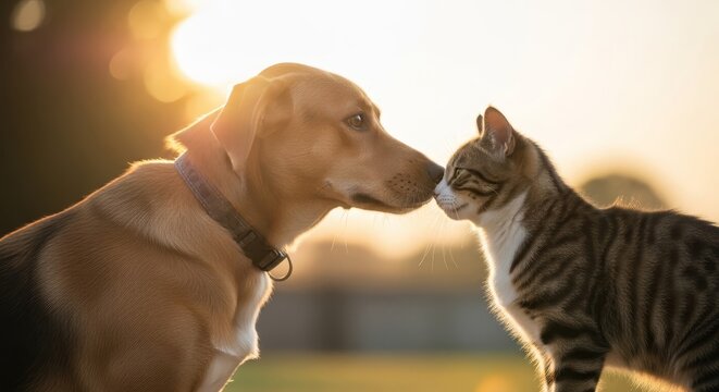 A Loyal Dog and Friendly Cat Nuzzle in Warm Golden Sunlight, Showcasing a Heartwarming Pet Friendship.
