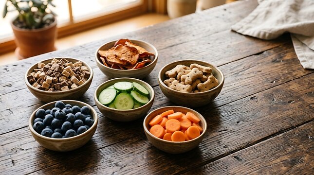 Healthy dog food treats and fresh snacks in small bowls on a rustic wooden kitchen table. puppy snack ideas