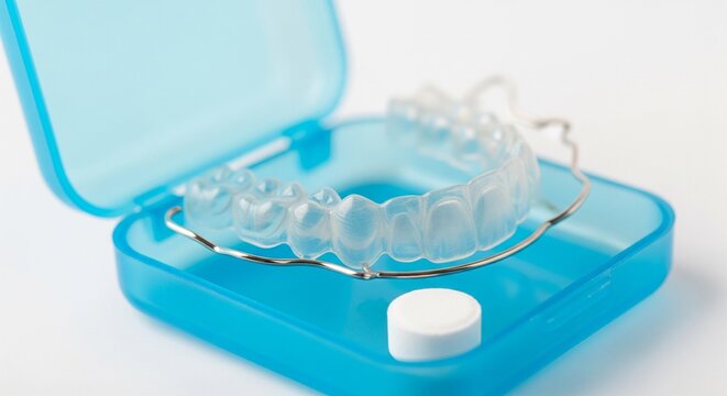 A transparent plastic orthodontic retainer alignment tray sitting inside an open blue plastic storage case alongside a white cleaning effervescent tablet on a plain white background