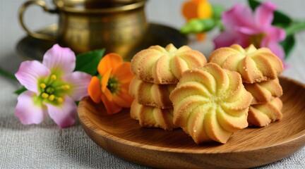 Fototapeta premium Sweet butter cookies stacked on a wood plate with pink and orange flowers. A bronze cup of tea is in background. Enjoy a tasty treat with a warm drink.