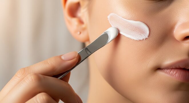 Close-up profile view of a young woman's face while applying a white cream mask or moisturizer onto her upper cheekbone using a small metal cosmetic spatula tool