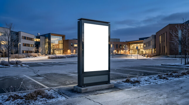 blank billboard in snowy parking lot at dusk