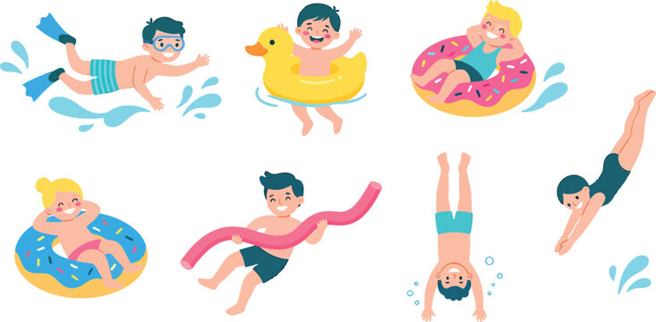 Set of happy children swimming and playing in water during summer vacation flat vector illustration