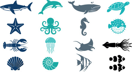 Marine Life and Sea Creatures Vector Icon Set Featuring Shark Dolphin Whale Turtle Octopus Jellyfish Lobster and Tropical Fish Silhouettes for Graphic Design © Afasana