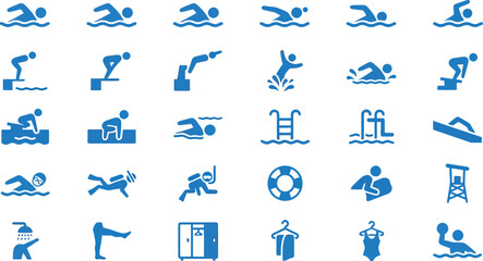 Fototapeta premium Swimming and pool activity icons set featuring various water sports poses and equipment in blue vector style