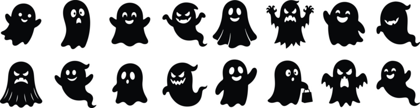 Halloween angry ghost characters black silhouettes for spooky decorations and designs