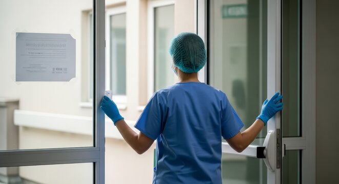 Healthcare professional in blue scrubs and cap opening glass doors to enter hospital building, wearing gloves