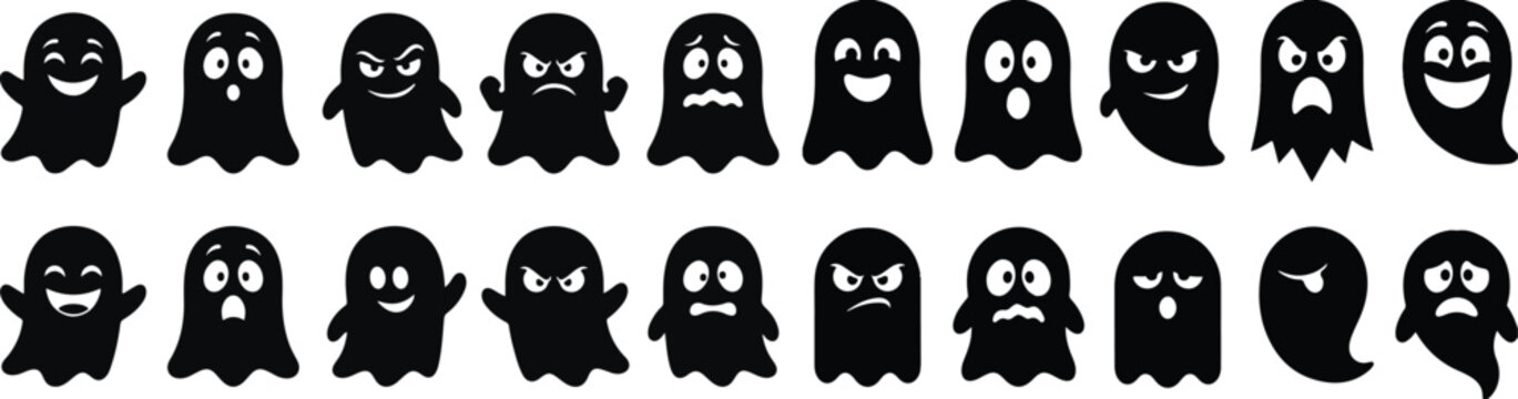 Halloween angry ghost collection black silhouette ghost emoticons for spooky season designs