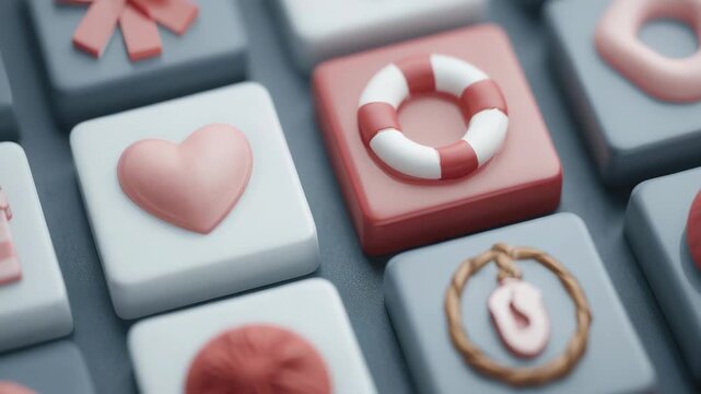 Soft pastel icons rest on modern keyboard keys. Each button holds distinct, charming design elements. Heart, gift, ring, and wreath appear in gentle colors