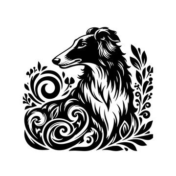 Black and white collie dog with floral pattern