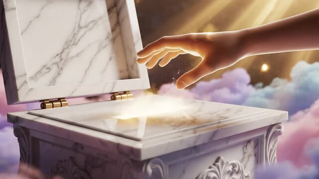 Hand opens marble box revealing glowing crystal with light rays, fantasy concept