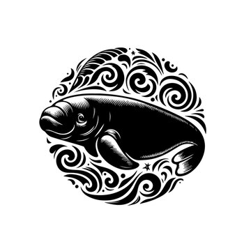 Black and white manatee illustration with swirling design