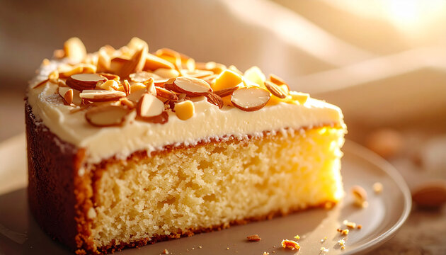 Almond cake slice with roasted flakes and dense buttery crumb in macro
