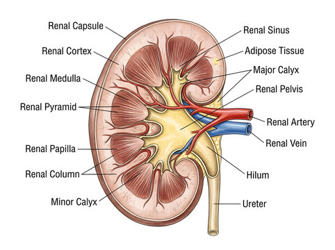 Human kidney anatomy cross-section diagram