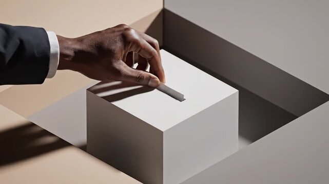 Hand casting blank ballot into abstract voting box, decision making concept