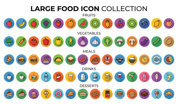 food, fruits, vegetables, meals, drinks, dessert, breakfast, lunch, dinner, snack, bakery, pizza, burger, sushi, pasta, salad, coffee, tea, juice, cheese, bread, meat, seafood, vector, icons, collecti
