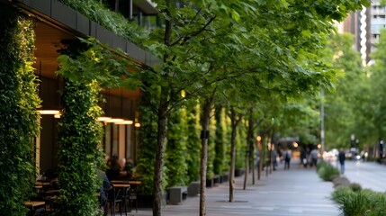 Fototapeta premium A tree lined urban walkway beside a building covered in lush greenery and outdoor seating under warm lighting