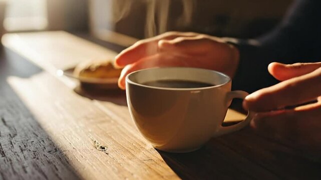 Relaxing morning routine: close-up of hands holding a steaming cup of coffee with warm sunlight,