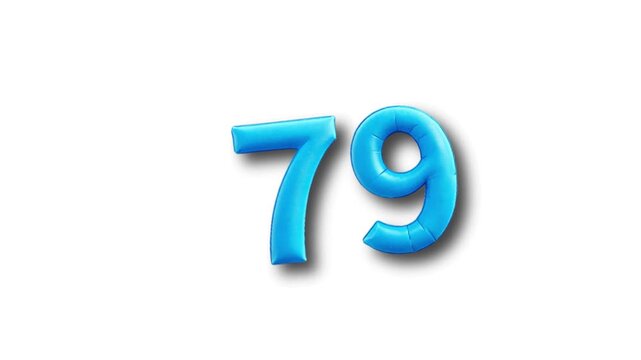 Animation blue balloon number seventy nine isolated on white background.