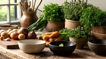 Fototapeta premium Fresh vegetables and herbs arranged on a wooden table with ceramic bowls under natural daylight