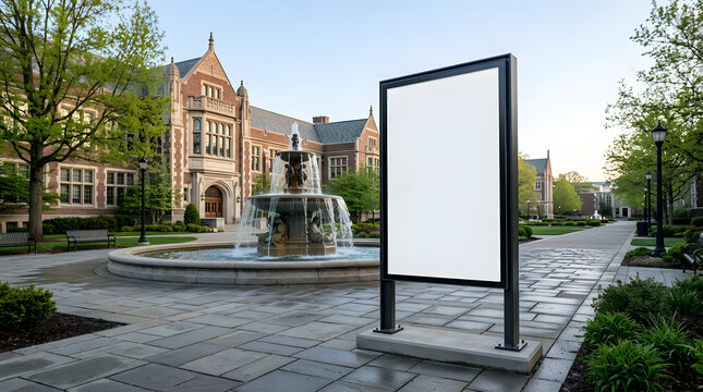 Blank billboard in university campus with fountain