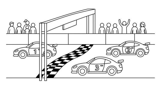 Racing Cars Approaching Finish Line, Cheering Crowd