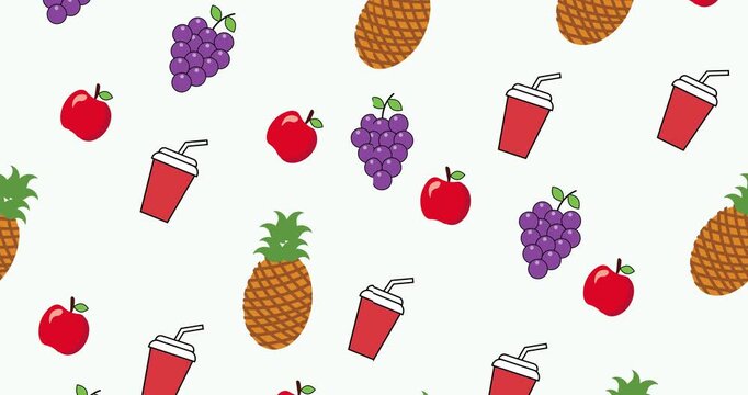 Animated seamless pattern featuring colorful flat vector illustrations of pineapple, red apple, purple grapes, and soda cups moving across a clean white background.