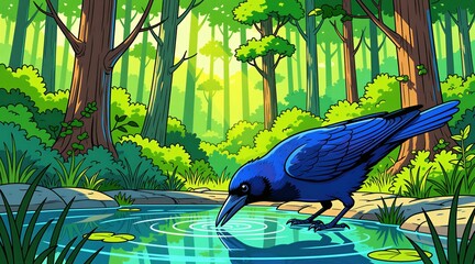 Obraz premium Blue crow drinks water from pond in bright forest. Bird sips clear liquid in nature reserve. Rich green trees and sunlit foliage create peaceful woodland scene. Wildlife and habitat illustration.