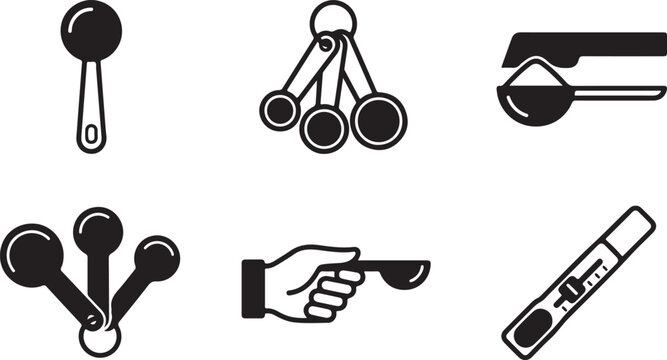Six black kitchen measuring and serving tools icon set Vector