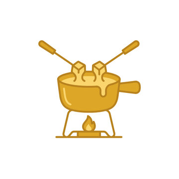 Traditional cheese fondue pot on burner stove.