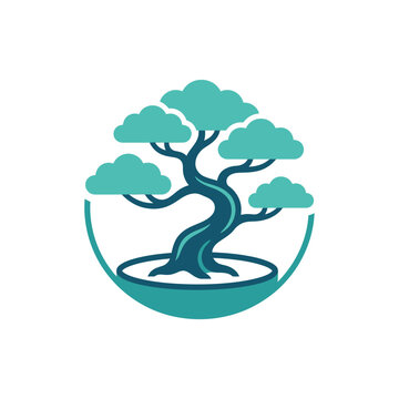 Teal bonsai tree silhouette in a circular frame.