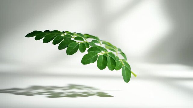 Rotating fresh green moringa leaves on a minimalist white background
